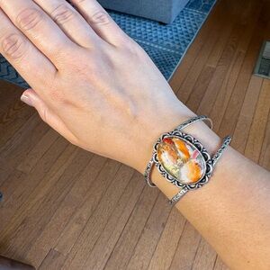 Artisan Adjustable Silver Bracelet with Orange Spiny Oyster Gemstone